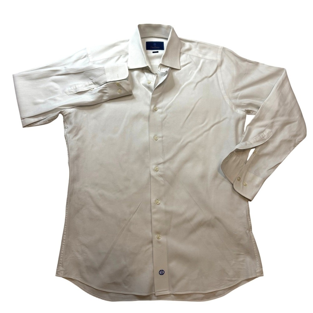 David Donahue Mens White Textured Cotton Trim Fit Dress Shirt 16.5 32/33 Spread